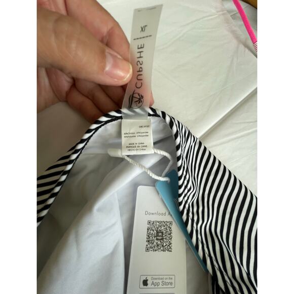 Cupshe high waisted swim bottoms Black stripes ruched neutral lined Size XL. - Picture 4 of 5
